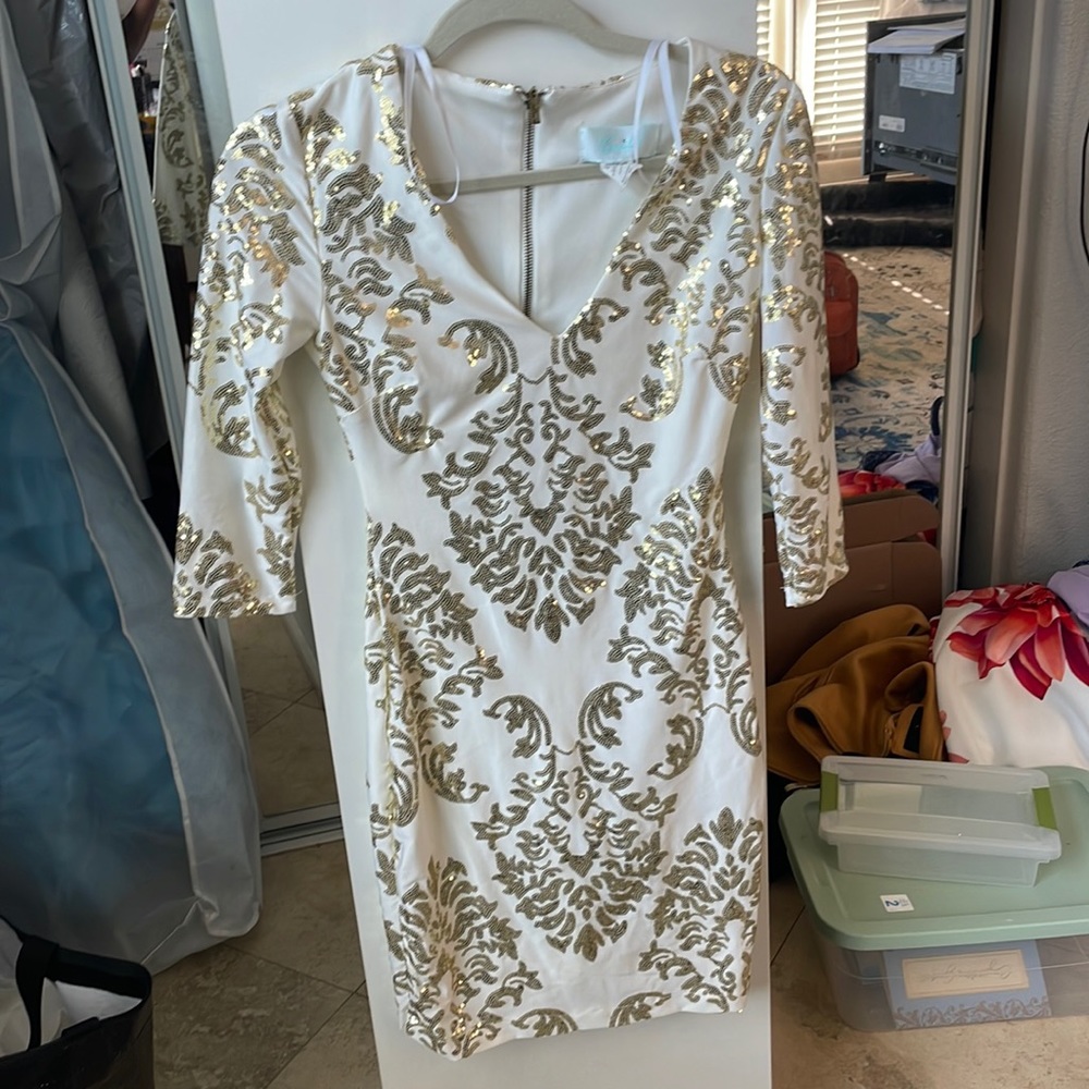 Camille La Vie style #C8RKL646 White Homecoming dress with gold sequins